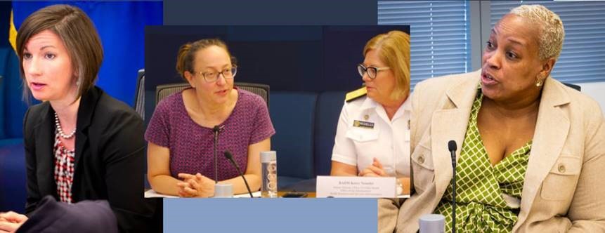 Pictured (from left): Bethany Miller, HRSA, Injury and Violence Prevention Team Lead; Justine Larson, SAMHSA, Senior Medical Advisor; RADM Kerry Nesseler, HRSA, Director of the Office of Global Health; Nicole White, ED, Education Program Specialist